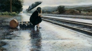 girl-woman-rain-umbrella-train-railway-station-platform-suitcase
